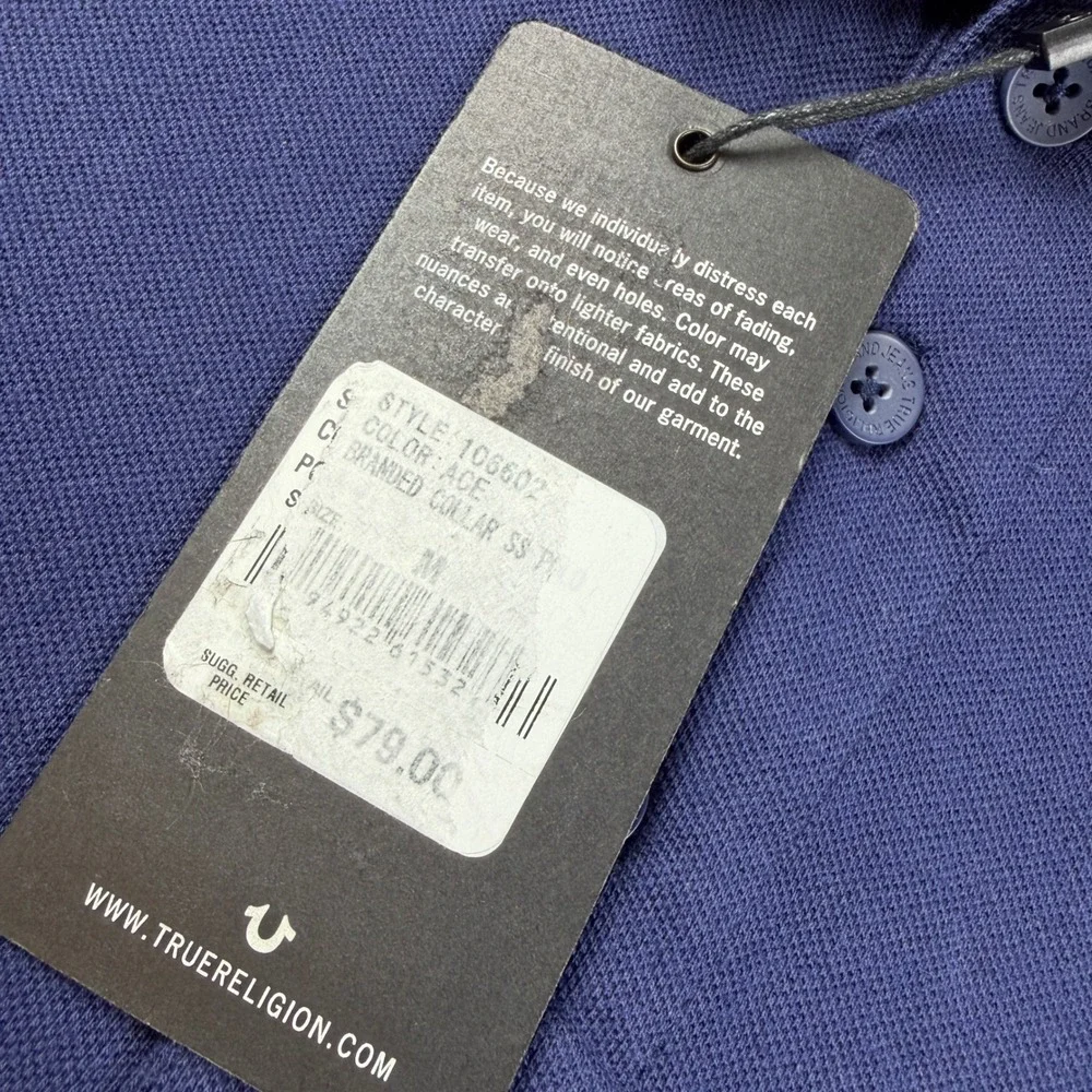 True Religion Polo Shirt Mens M Blue Branded Collar SS Polo Style 106602 NWT